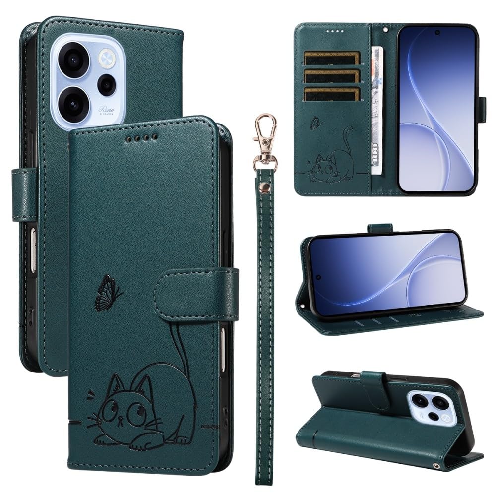 Generic Étui compatible avec Oppo A79 5G (Couleur : vert foncé) Motif CAT Papillon Portefeuille en cuir Étui à rabat