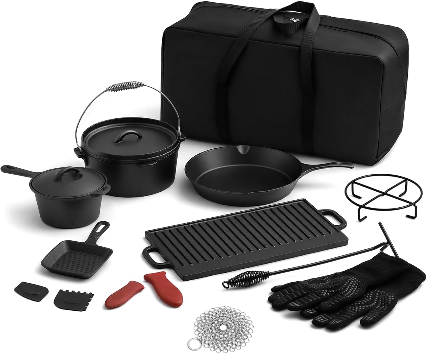 Geetery 15 Pcs Pre-Seasoned Cast Iron Cookware Set Dutch Oven Cooking Set