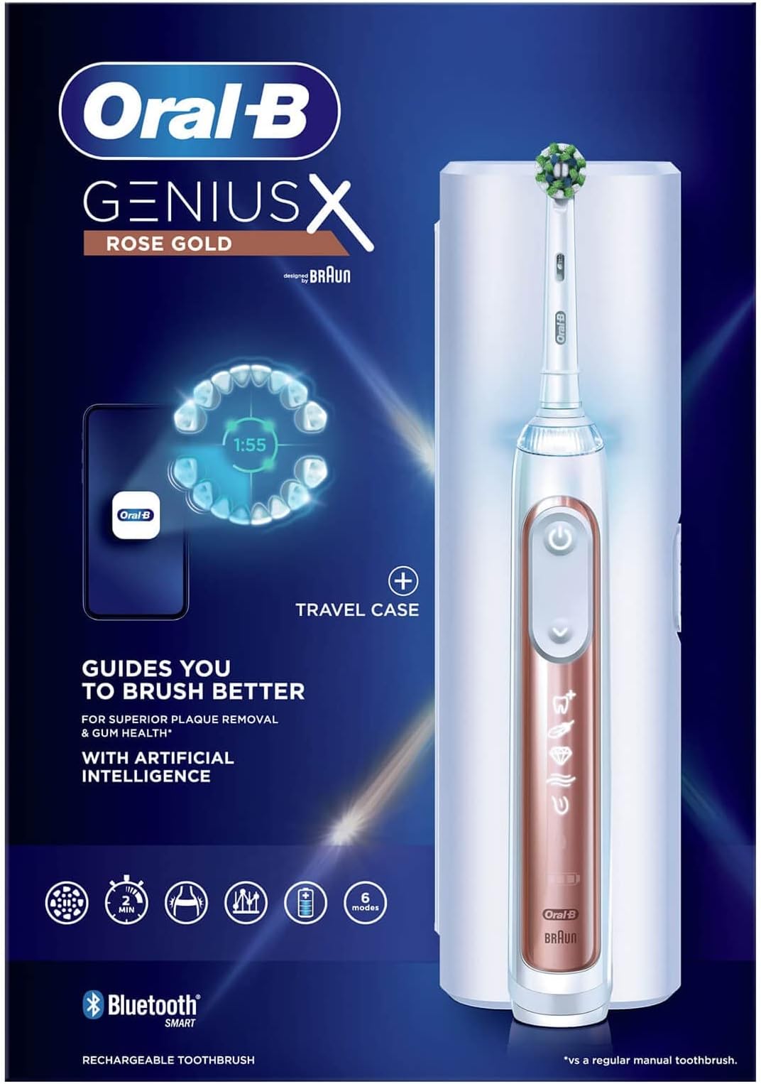 Oral-B Genius X Electric Toothbrush with Artifical Intelligence, App Connected Handle, 1 Toothbrush Head & Travel Case, 6 Mode Display with Teeth Whitening, Rose Gold, [comes with UK Plug]