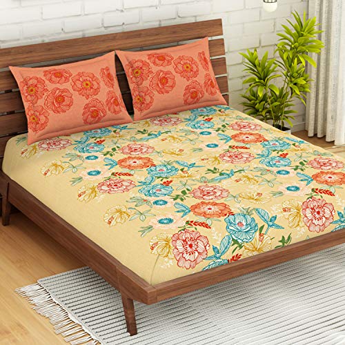 Image of Spaces Atrium Plus 210 TC 100% Cotton Queen Size Fitted Double Bedsheet with 2 Pillow Covers (Floral, 60 inch X 78 inch Inches ) - Beige