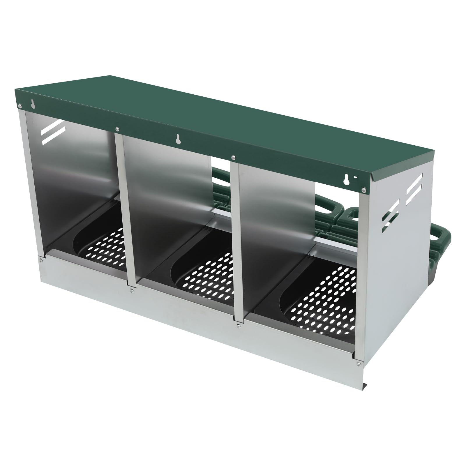 Nido per polli, 3 scomparti, con nido rotolabile per uova, zincato, con protezione per raccogliere le uova, montaggio a parete, 3 posti per stalla, con ventilazione (81 x 52 x 48 cm) (verde)
