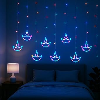 Diwali String Lights Multicolor 12 Diya Curtain Lights 138 LED Battery Operated Indian Festival Lights for Wall Window Room Decor Indoor Outdoor