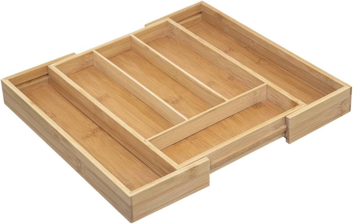 Expandable Bamboo Cutlery Tray x 6 Compartments, Drawer Organizer