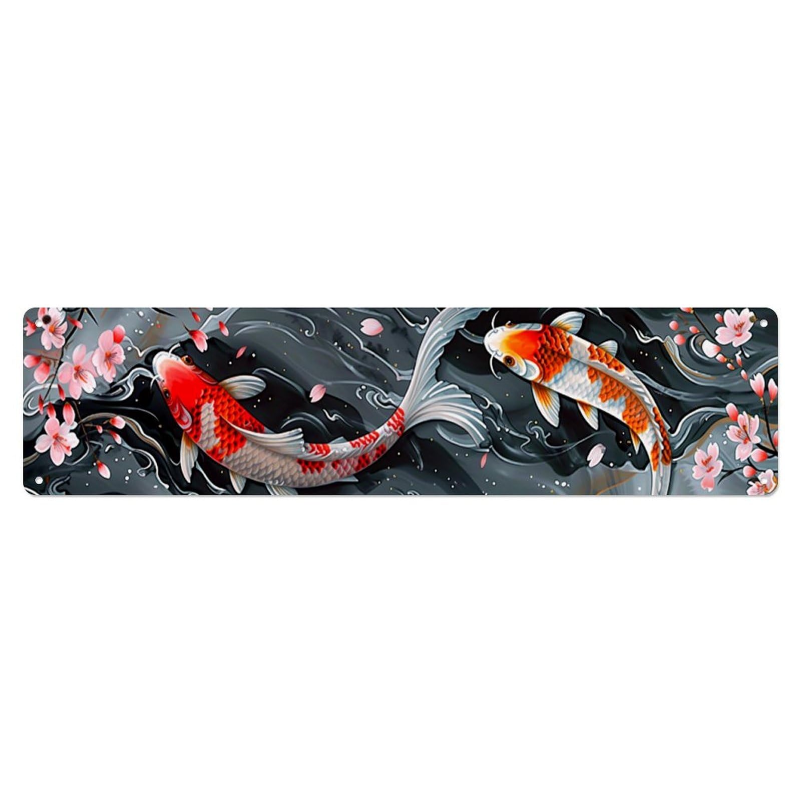 Koi Fish And Cherry Blossoms Metal Tin Sign Plaque