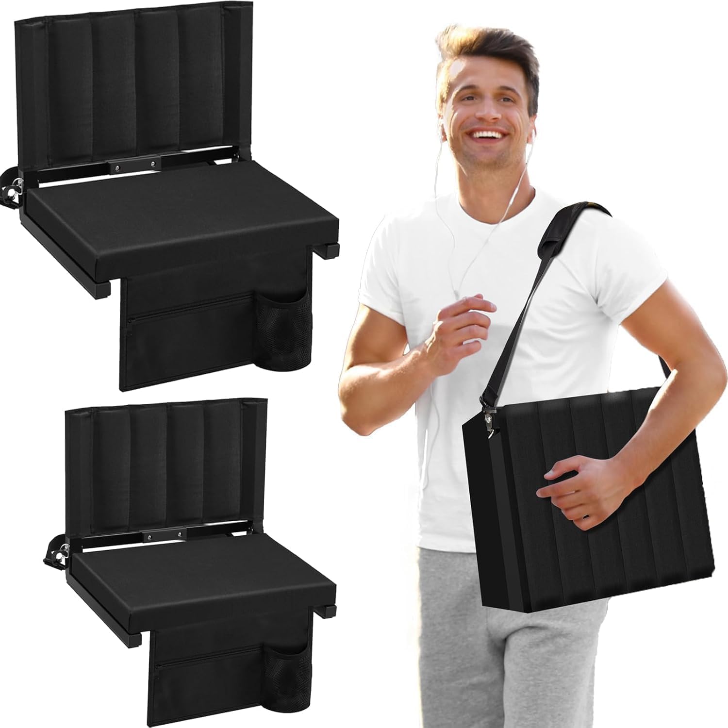 2 PCS Stadium Seats for Bleachers, Portable Folding Bleacher Chairs with Back Support, Perfect Bleacher Cushion with Wide Padded Cushion, for Sports, Outdoor Event, Black