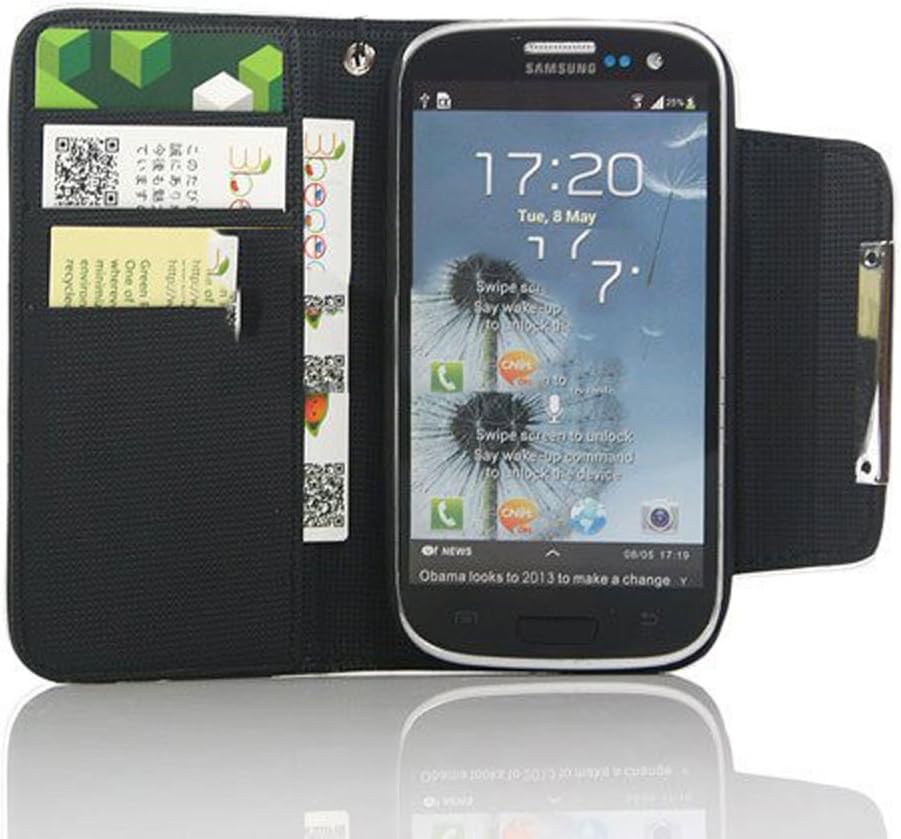 7484-2 Leather Flip Wallet Case with Credit/ID Card Slot and Free Screen Protector for Samsung Galaxy S3 i9300/SC-06D - Black