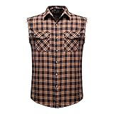 Cekaso Men's Sleeveless Shirts Button Down Cotton Shirt Casual Cowboy Vest Plaid Tank Tops, Brown, T