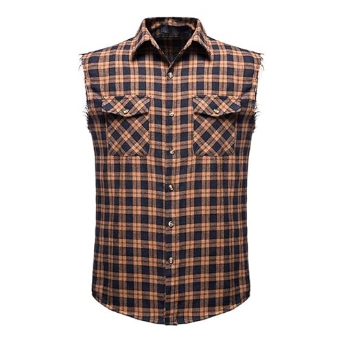 Cekaso Men's Sleeveless Shirts Button Down Cotton Shirt Casual Cowboy Vest Plaid Tank Tops, Brown, Tagsize2Xl=Ussize2Xl #TOP26