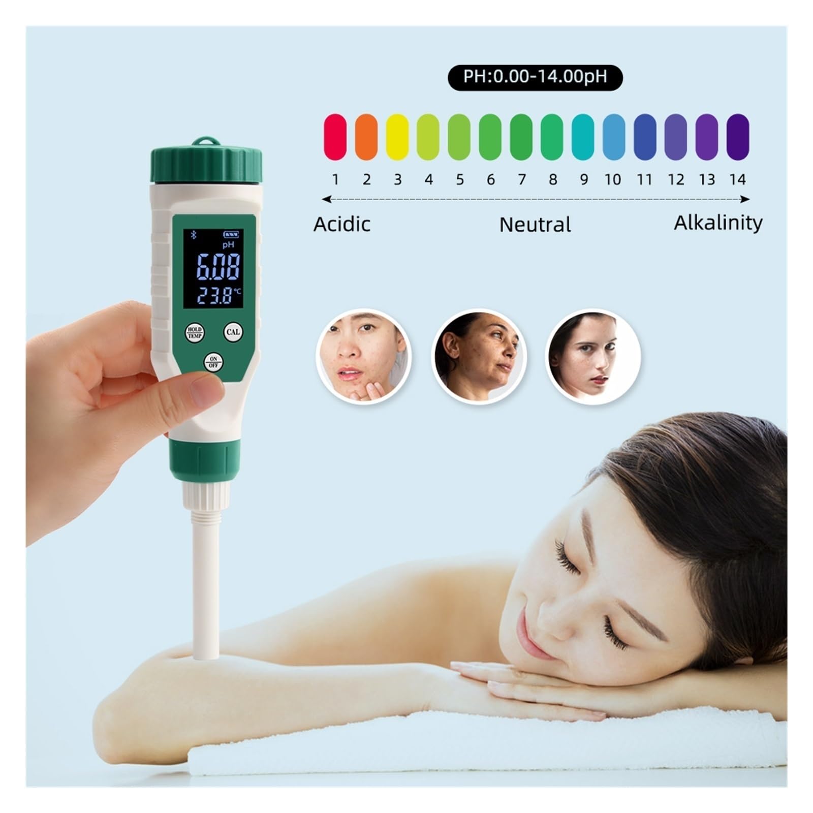 Tester digitale dell'acqua Misuratore PH digitale della pelle 0.00~14.00 Smart Tester di acidità Sensore piatto Monitor Test corpo viso for medicina termale domestica per piscina, acqua salata, acqu