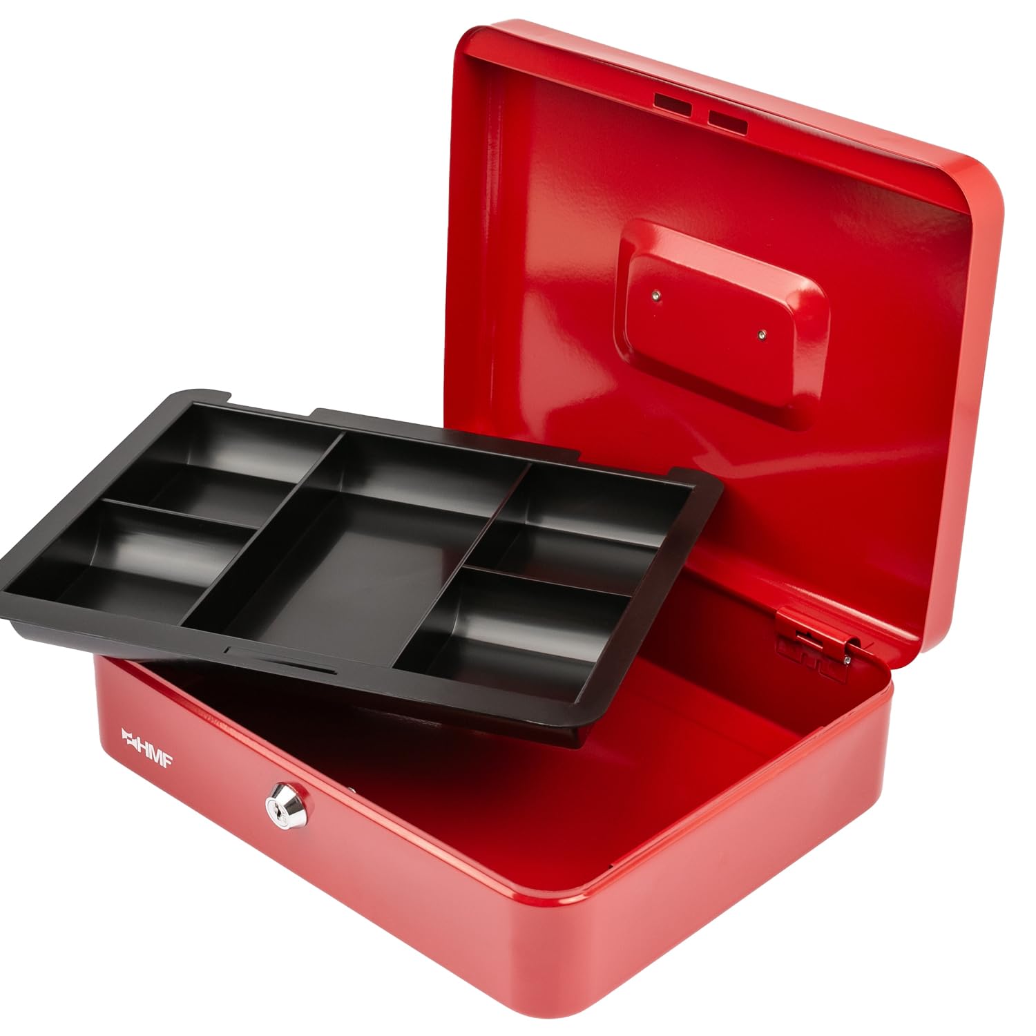 HMF Cassetta portavalori con chiusura a chiave, cassa con inserto portamonete, 5 scomparti per monete | 30 x 24 x 9 cm | Rosso