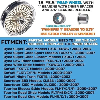 FatFlex 18 Rear Wheel Golden Fat Spokes Chrome 3.5 Rim for 00-07 Harley Dyna/Softail/Touring Dual Bearing (1 & 3/4) w/Reducer, Classic Vintage Style
