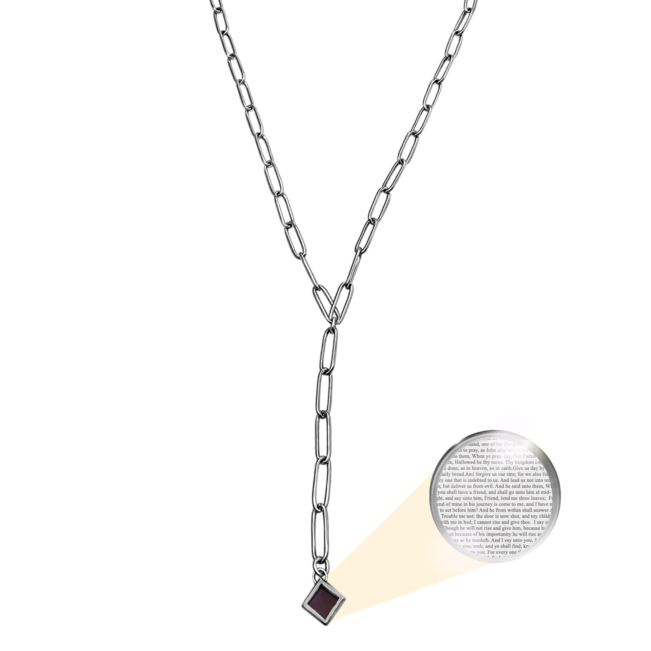 NanoStyleChristian Jewelry with Smallest Nano Bible - on Tiny Square Charm Pendant - Paperclip Y Neklace for Women with Entire KJV New Testament Holy Scriptures, 20" Stainless Steel Chain
