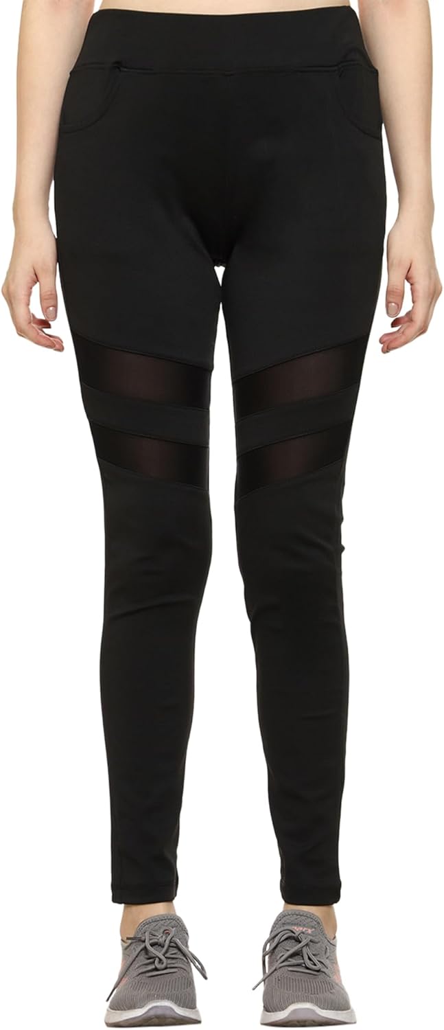 Urban Komfort Women's Polyester Skinny Fit Leggings with Net | Trackpants for Workout, Active Sports, Fitness, Yoga, Gym and Dance Black