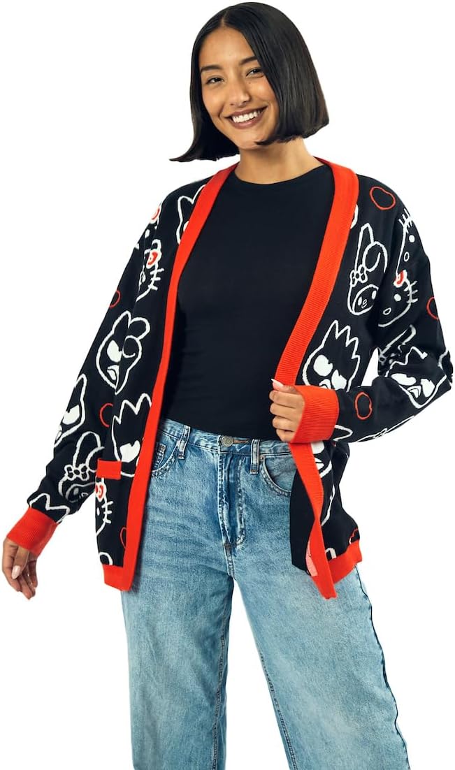 Hello Kitty & Friends Character Face Outlines Women's Black Long Sleeve Grandma Cardigan