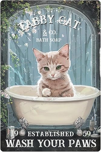 Zomyto Letrero de metal divertido con diseño de gato "Wash Your Paws", decoración para bañera, regalo para amantes de los gatitos, accesorios para