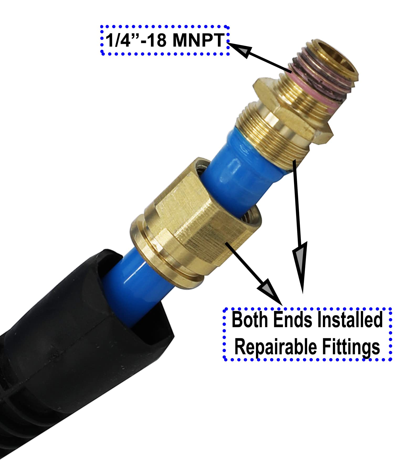 YOTOO Manguera de aire de retroceso de poliuretano de 3/8 pulgadas de diámetro interior por 50 pies de largo con restrictor de curva, acoplador rápido industrial reparable de 1/4 pulgadas y enchufe,
