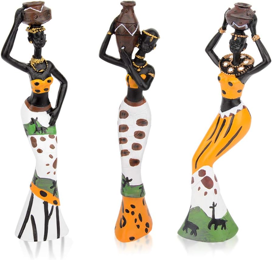 CYYKDA 3PACK Vintage African Statue. Hand Sculpture African American Figurines. Exotic Tribal Lady African Art Piece for Home Decor. Figurines Home Decor. Room Decor for Women-Yellow