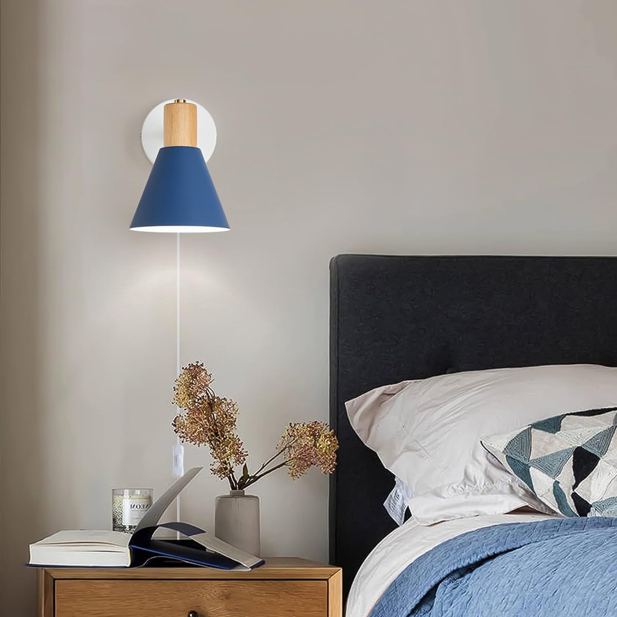 Plug in Wall Sconces Lighting Fixture, Wooden Adjustable Bedside Wall lamp for Industrial Bedroom, Living Room Bathroom Sink Lighting (1, Blue)