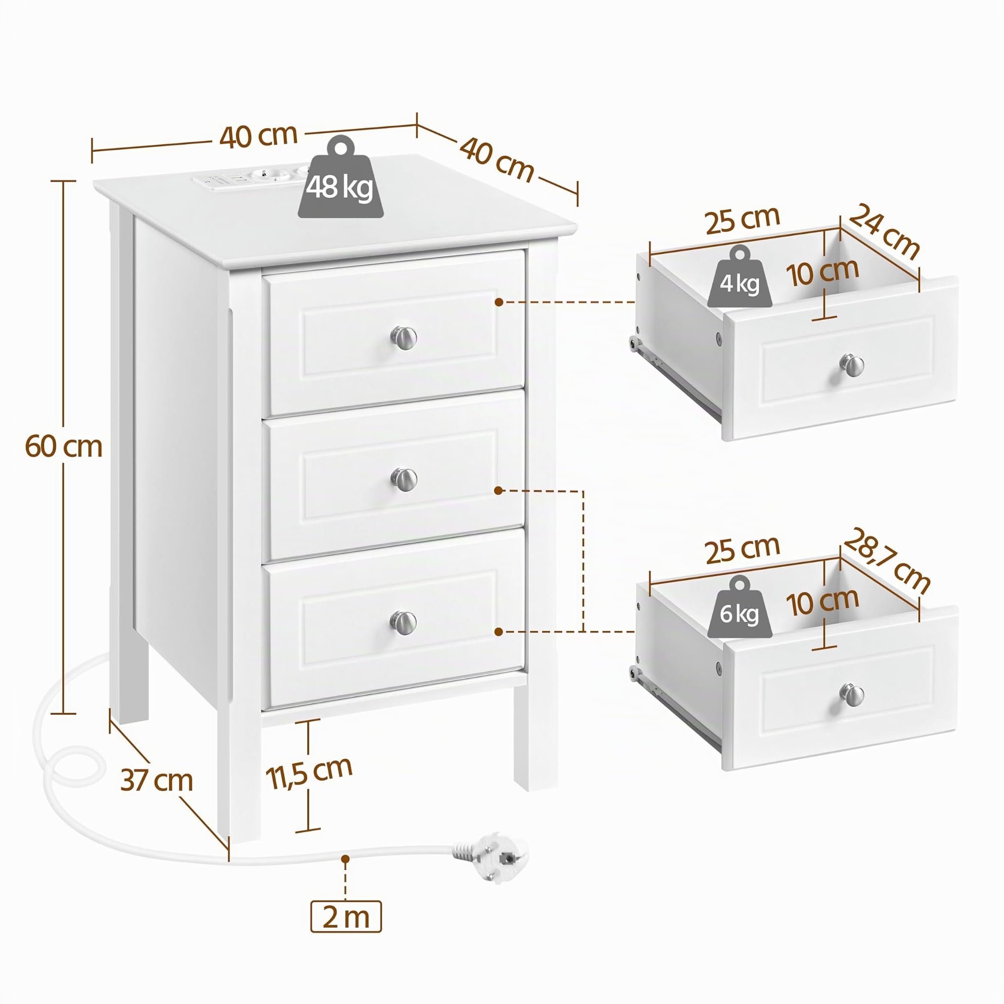 Yaheetech Nachttisch Beistelltisch mit Steckdose 2 Anschlüsse und 3 Schubladen Boxspringbett Nachtschrank Sofatisch Ablagetisch für Wohnzimmer/Schlafzimmer, Weiß