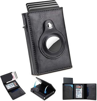 AirTag Wallet for Men Pop Up Bank Credit Card Holder for Apple AirTag, Magnetic Smart Wallet With Airtag Holder, RFID Blocking, 9 Cards Capacitiy | ID Window | Cash Slot | Black