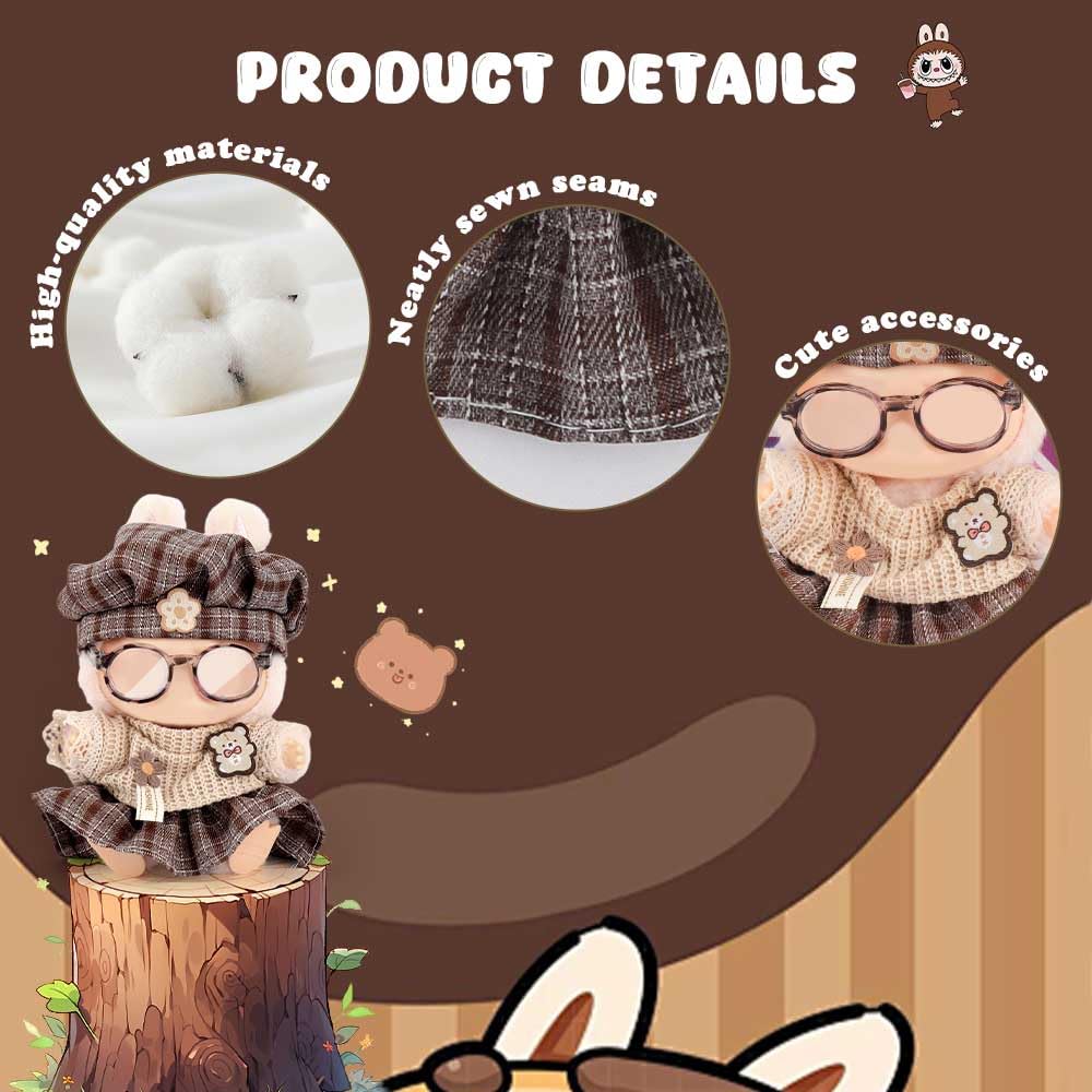 WALLFID Doll Clothes for Labubu 4-Piece Outfit Set for 17cm Dolls , Fashion Outfit with Hat,Top,Pants & Accessories - Image 3