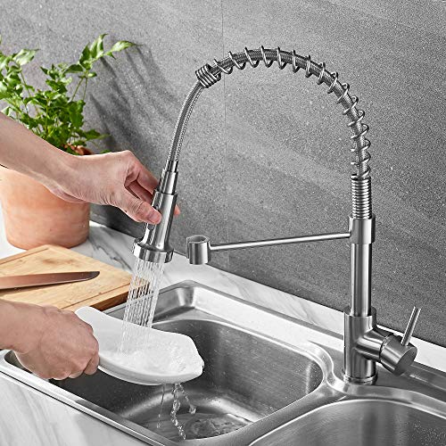 Ravinte Solid Brass Commercial Kitchen Faucets With Sprayer Single Handle Brushed Nickel Spring Spout Faucets Pull Down Sprayer Countertop Faucet Farmhouse Kitchen Faucets #TOP2