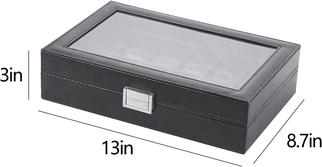 Watch Display Case For Men,Leather Watch Organizer Box,Watch Travel Organizer Tray,Watch Collection Storge Holder For Women (Carbon Fiber, 12 Slots)
