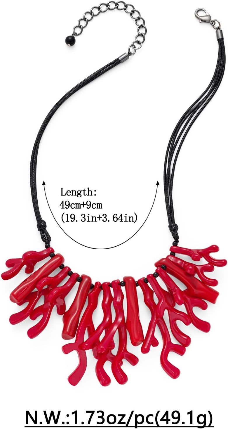 Coral Beaded Necklace for Women Acrylic Red Statement Necklace Adjustable Bohemian Beach Jewelry with Fringe Ocean Theme Summer Necklace Trendy Boho Necklaces for Her