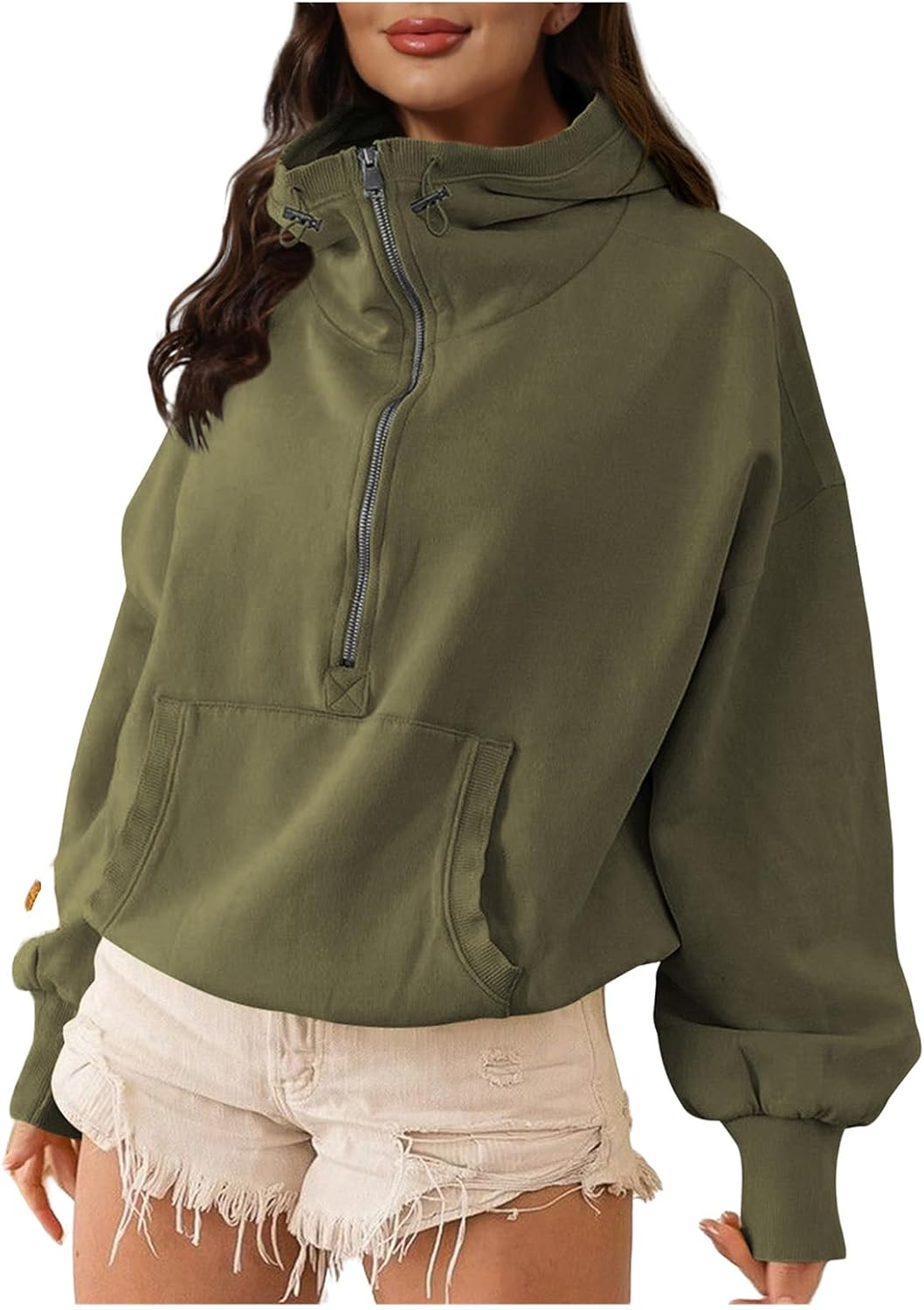 Women's Long Sleeve Hoodies 3/4 Zip Up Drawstring Hooded High Neck for Women Oversized Half Y2K Pullover Sweater