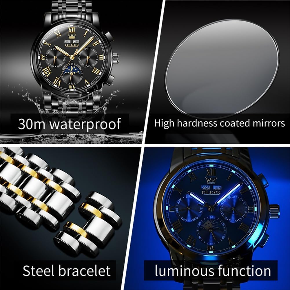 OLEVS Mens Automatic Watch Mechanical Self Winding Luxury Business Dress Moon Phase Stainless Steel Calendar Wrist Watches for Men Waterproof Luminous - Image 5