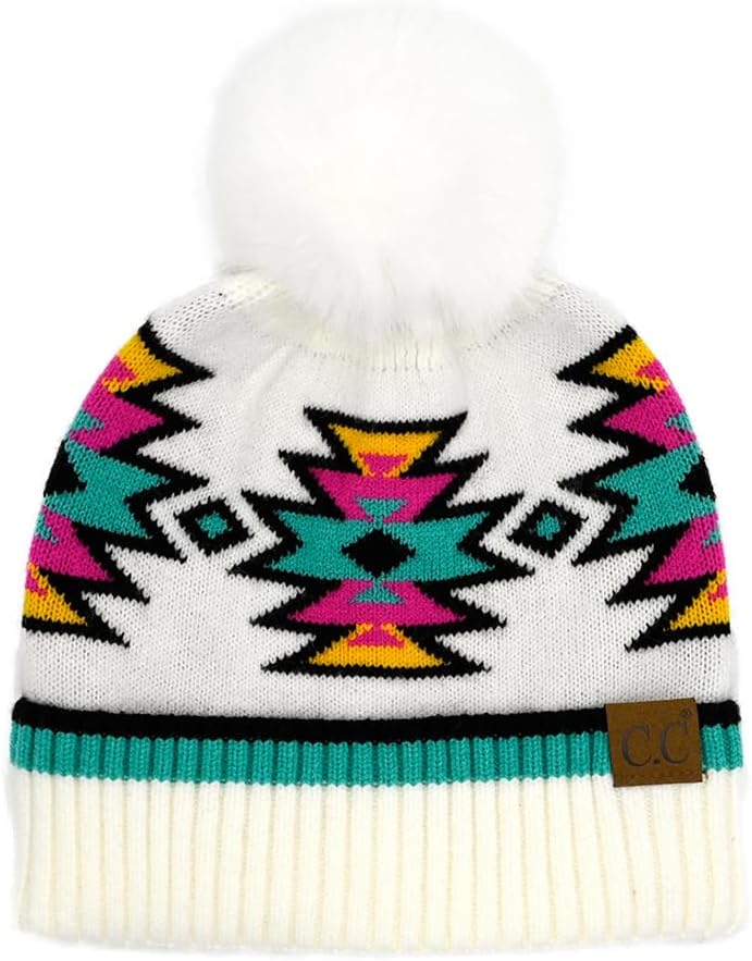 C.C Southwest Pattern Pom Beanie for Women Unisex - Stretchable Soft Warm with Faux Fur Pom Knit Winter Skully Hat