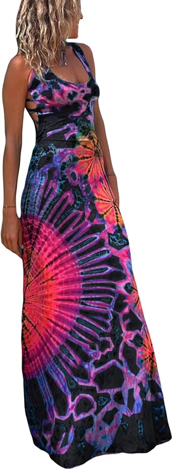 Adoeren Women Y2k Tie Dye Long Dress Sexy Sleeveless Open Back Colorful Maxi Dress Floral Printed Beach Party Sundress
