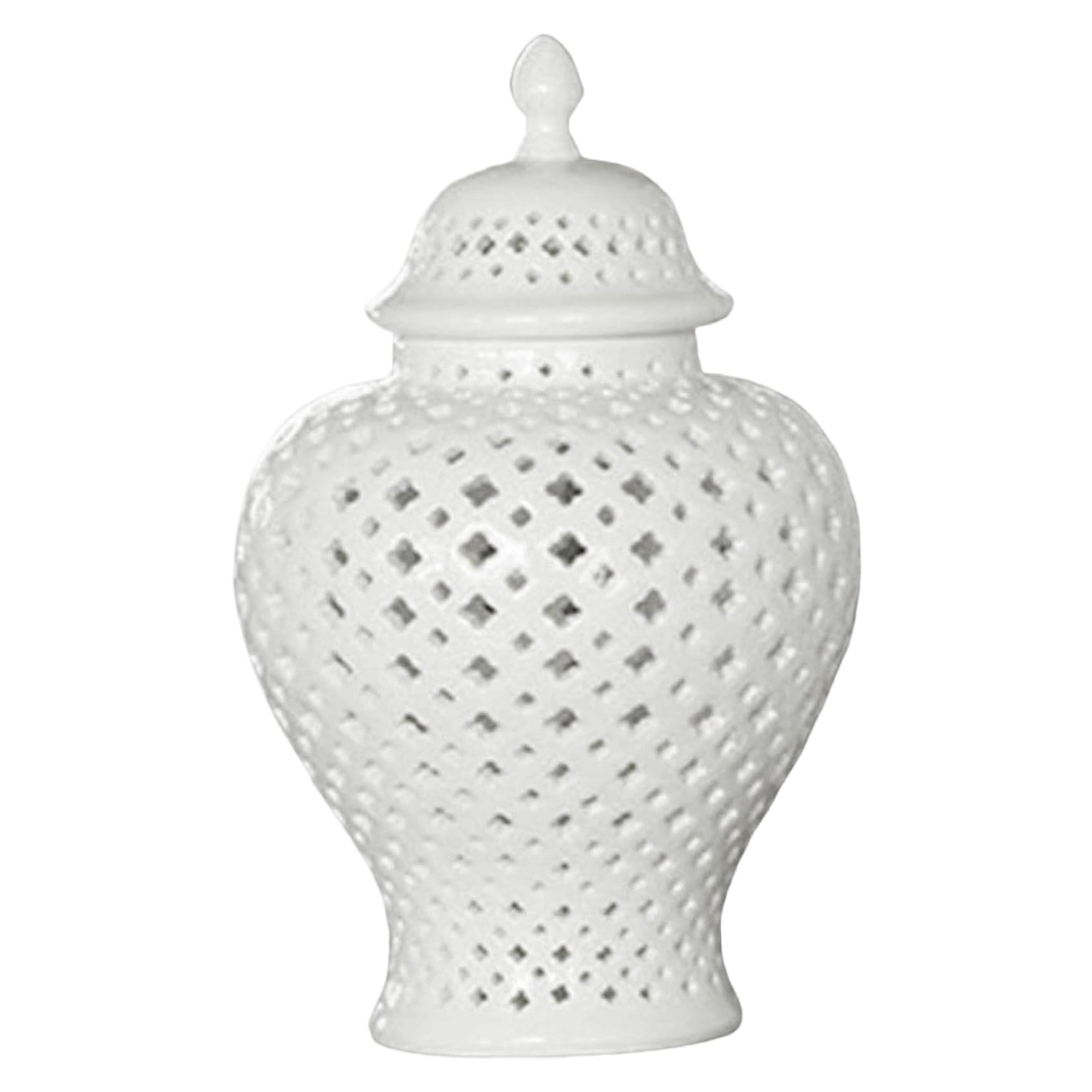 Ginger Jar, 6x6x11" Luxury Ceramic White Ginger Jar with Lid, Lattice Hollow Vase Temple Vase for Home Office Party Wedding Decor