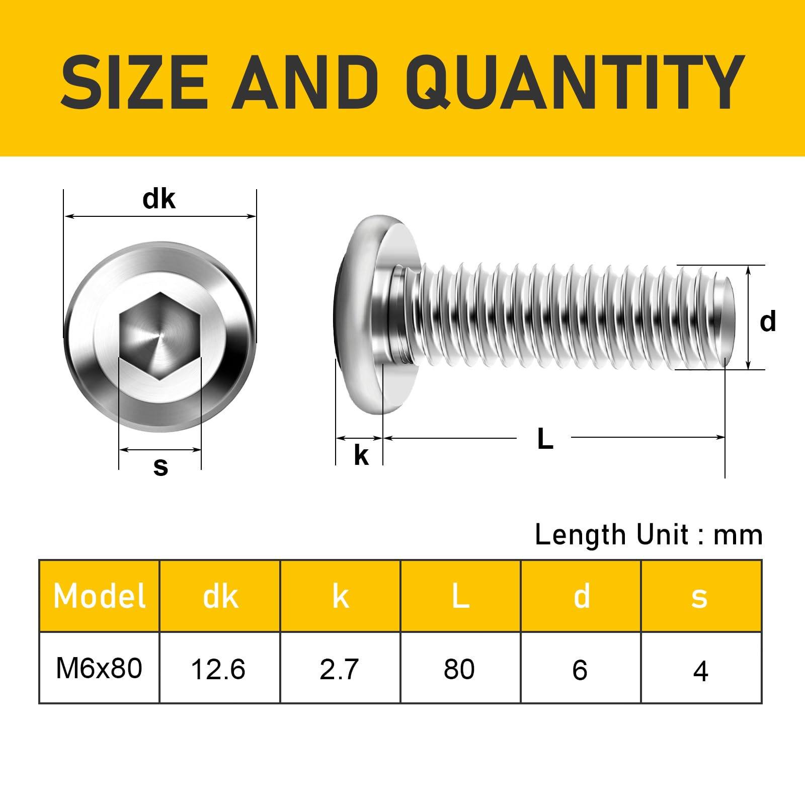 Valorada 20Pcs M6 Bolts, M6 x 80mm Flat Head Hex Socket Screws, 304 Stainless Steel Furniture Bolts - Image 2