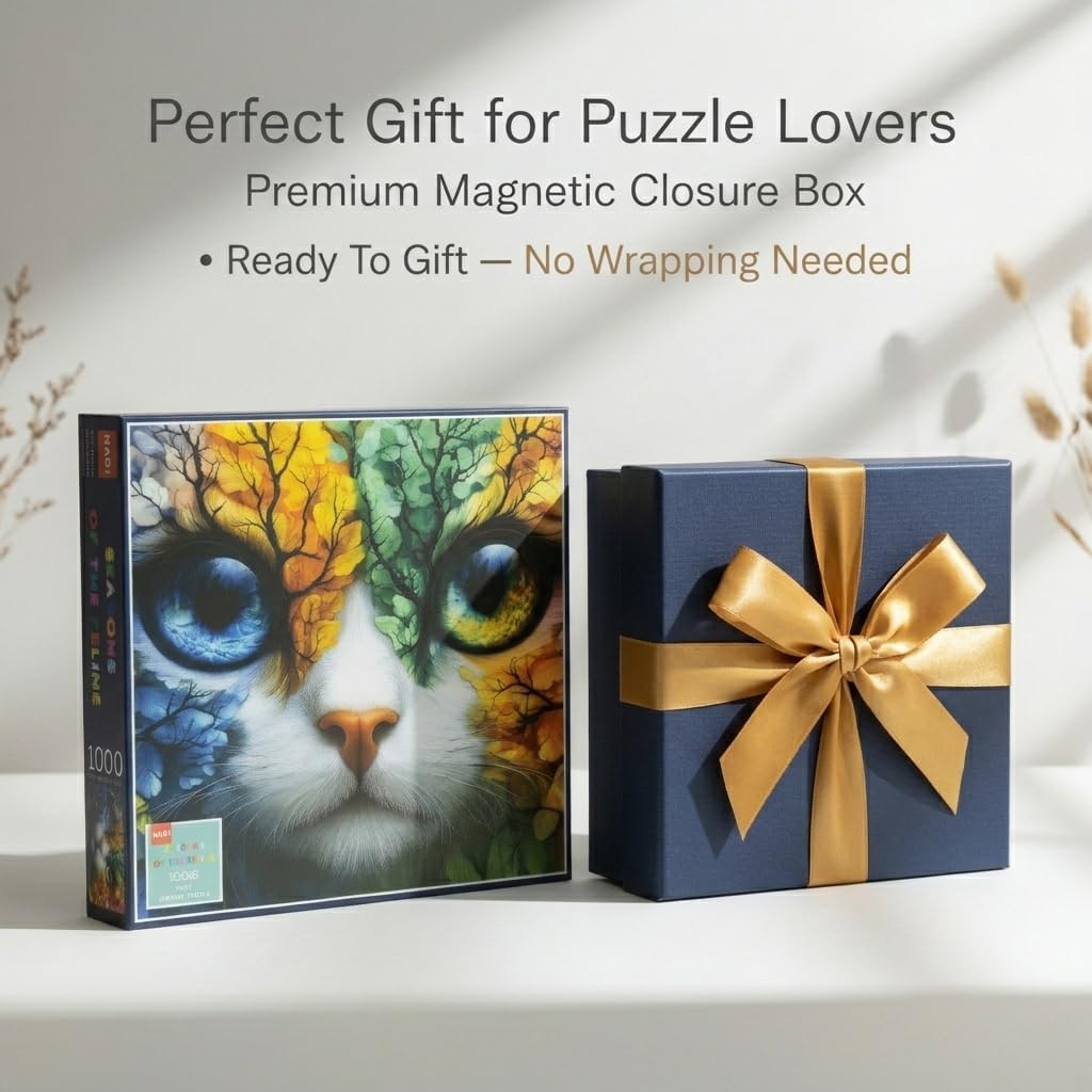 Seasons of The Feline 1000 Piece Jigsaw Puzzle, Four Seasons Cat Art Puzzle for Adults, Vibrant Colors, Premium Magnetic Box & Poster, Challenging Puzzle Gift for Cat & Nature Lovers