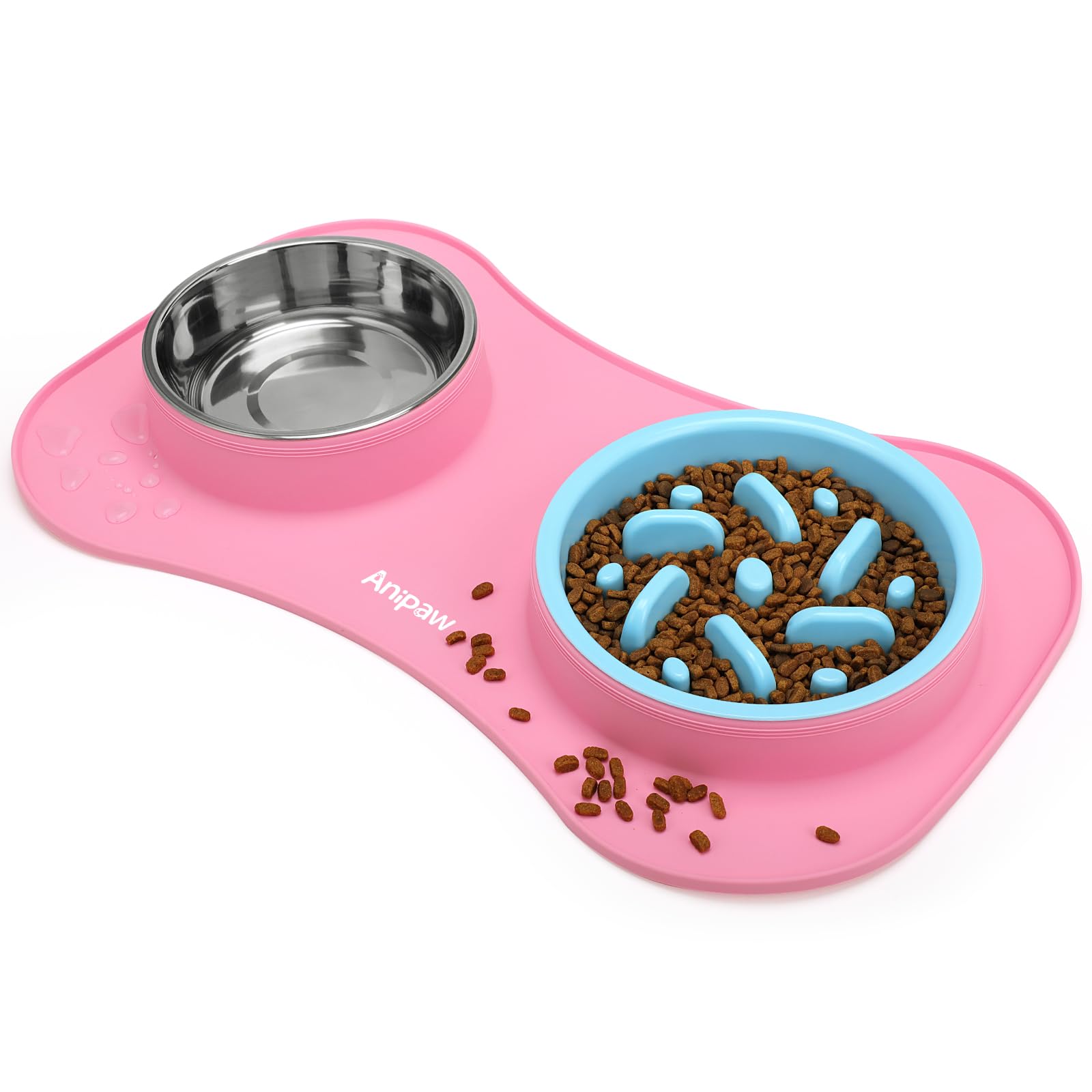 Anipaw Slow Feeder Dog Bowls 3 in 1 Stainless Steel Dog Food and Water Bowls with Non-Spill Non-Skid Silicone Mat to Slow Down Eating for Large Medium