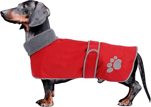 Dog Winter Coat Thermal Quilted Dachshund Coat,with Warm Flannel Lining,Geyecete Waterproof Outdoor Dog Apparel with Adjustable Bands for Small,Medium,Large Dog-Red-M