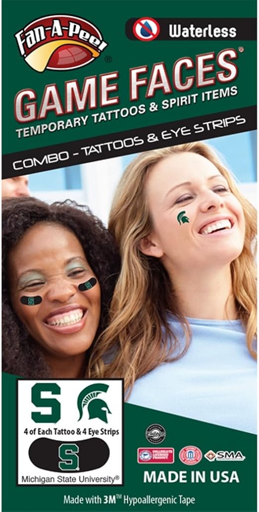 Michigan State University Msu Spartans Waterless Peel Stick Temporary Tattoos 12 Piece Combo 4 Green S Logo 4 Spirit Tattoos 4 Green S Logo On Black Eye Strips Beauty Personal Care Amazon Com