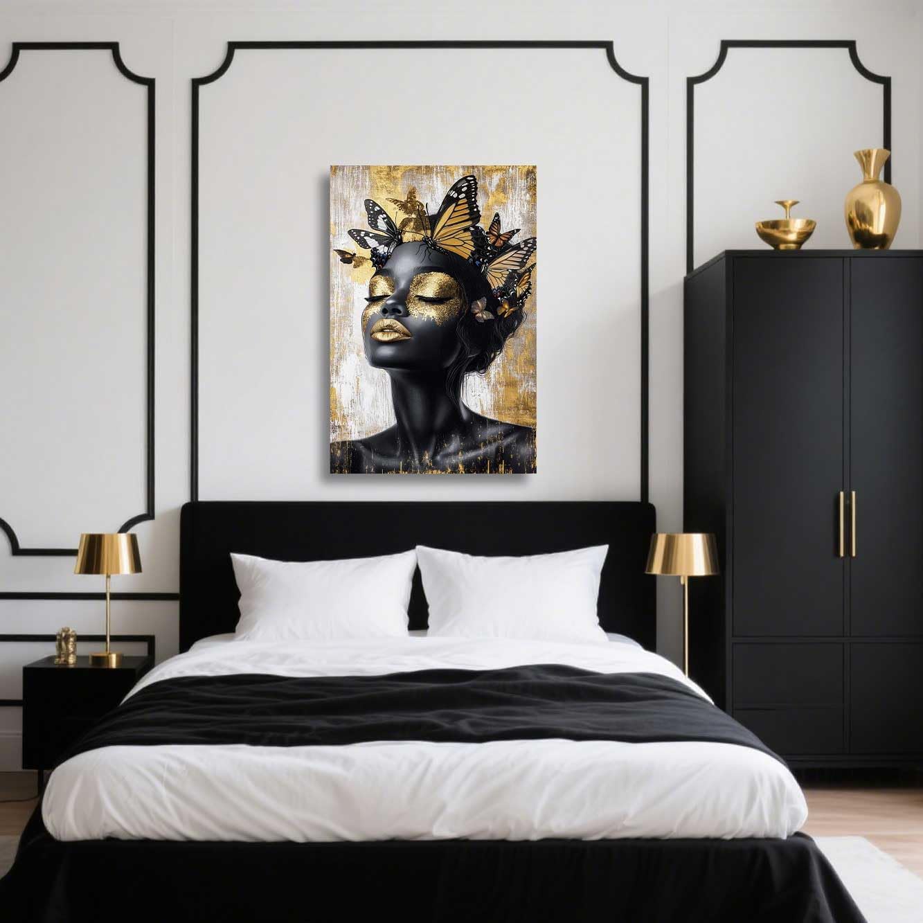 ZSHARTSWD African American Wall Art Gold Queen Pictures Black Woman Butterfly Canvas Prints Fashion Girl Paintings Bedroom Bathroom Office Home Decor Framed (Black, 18L x 12W)