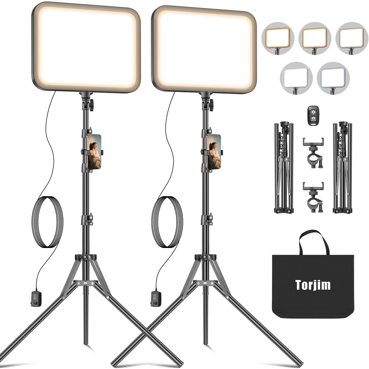 Torjim 11 Inch Video Light Kit for Creators-24W High Brightness Studio Lights with Tripod Stand & Phone Holder & Remote, Adjustable Photography Lighting for Clearer YouTube Streaming Home Studio