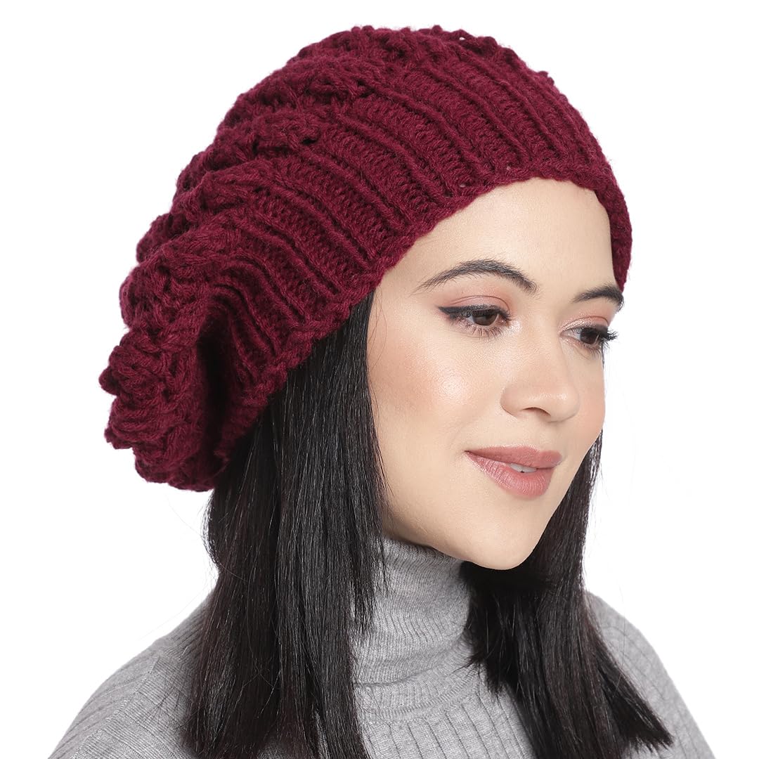 magic needles Winter Woolen Cap (Handmade Womens Slouchy Shroom Beanie (Maroon FBA)-picture-35
