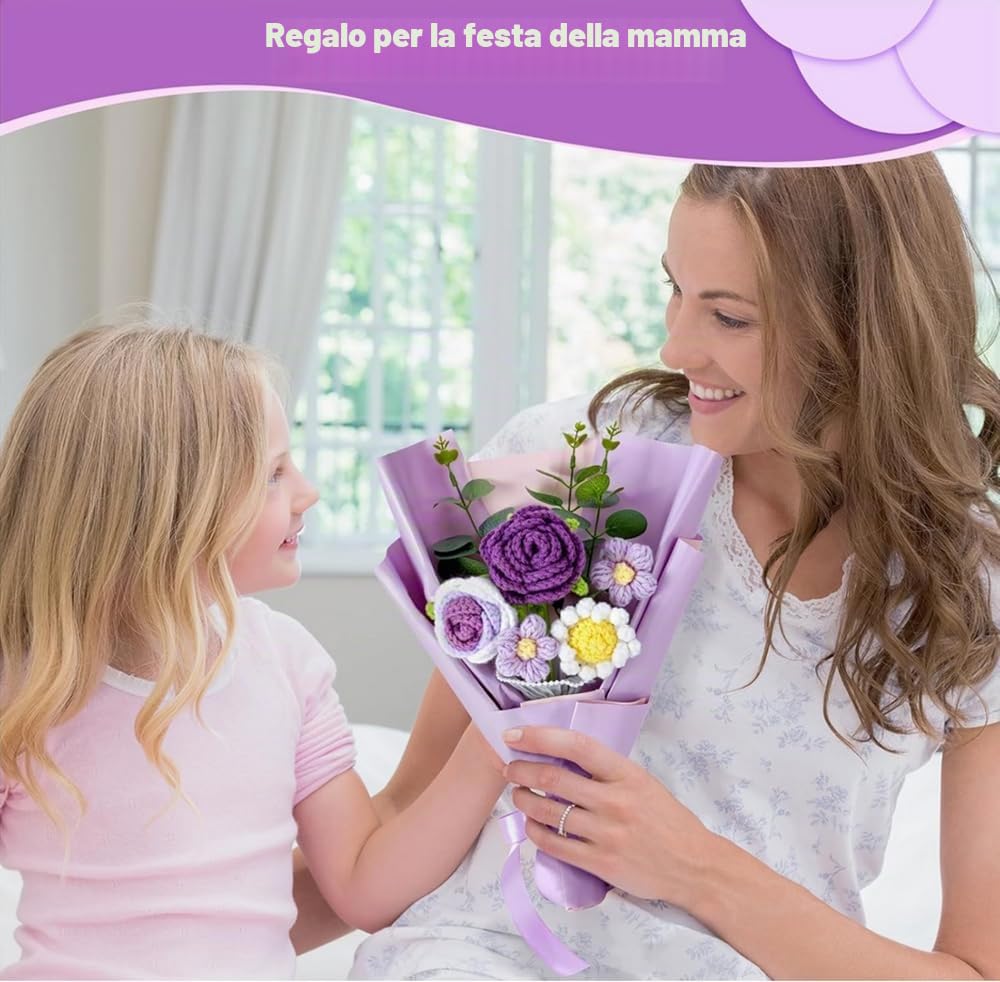 NatureMan Bouquet di fiori artificiali intrecciati a mano, con sacchetto regalo per San Valentino, compleanno, matrimonio, laurea, festa della mamma e decorazione per la casa (bouquet di rose viola)