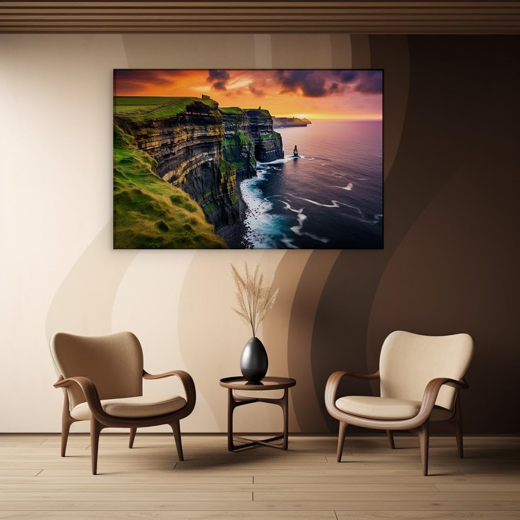 Canvas for Living room. Sunset Majesty at the Cliffs of Moher - A Lighthouse's Silent Watch Over Sea and Sky, 27 x 18 inch Canvas Wall Art - Surrealistic Visions - Modern Home Decor