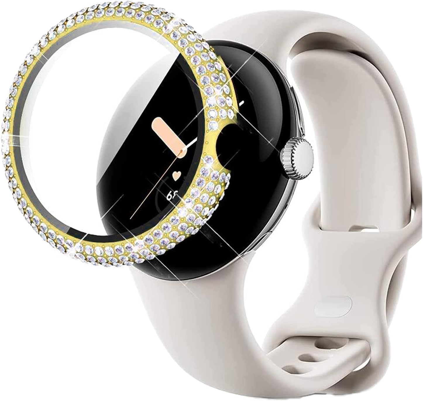 Compatible for Google Pixel Watch Case Full Diamond Hard PC Plating Bumper with Tempered Glass Screen Protector Bling Crystal Diamonds Shiny Glitter Frame Case Cover for Google Pixel Watch (Gold)