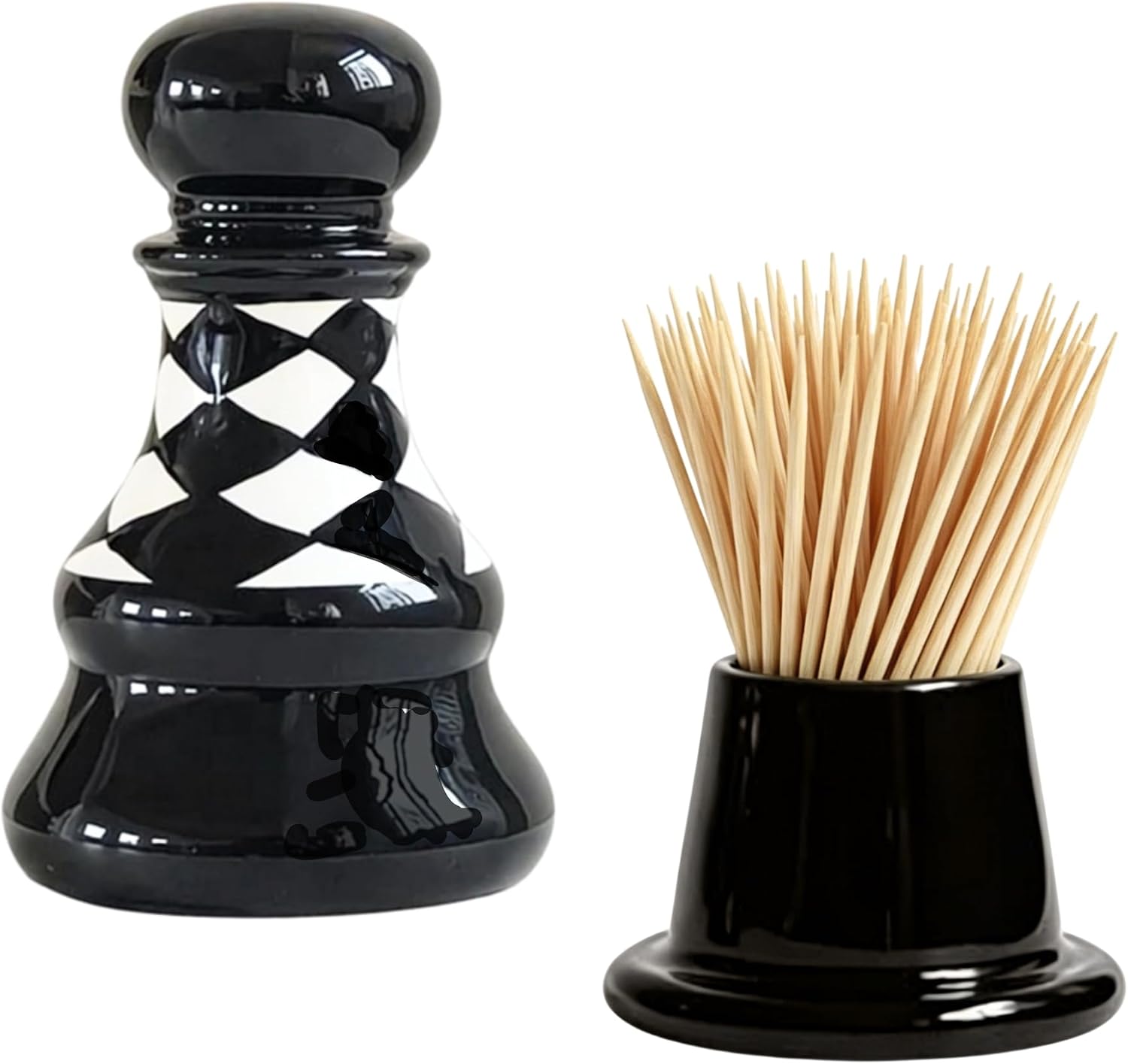 Ceramic Toothpick Holder with Lid, Chess Pawn Design Toothpick Dispenser, Q-tip Holder, Decorative, Cute Kitchen & Dining Table Organizer (Black & White) (Pawn)