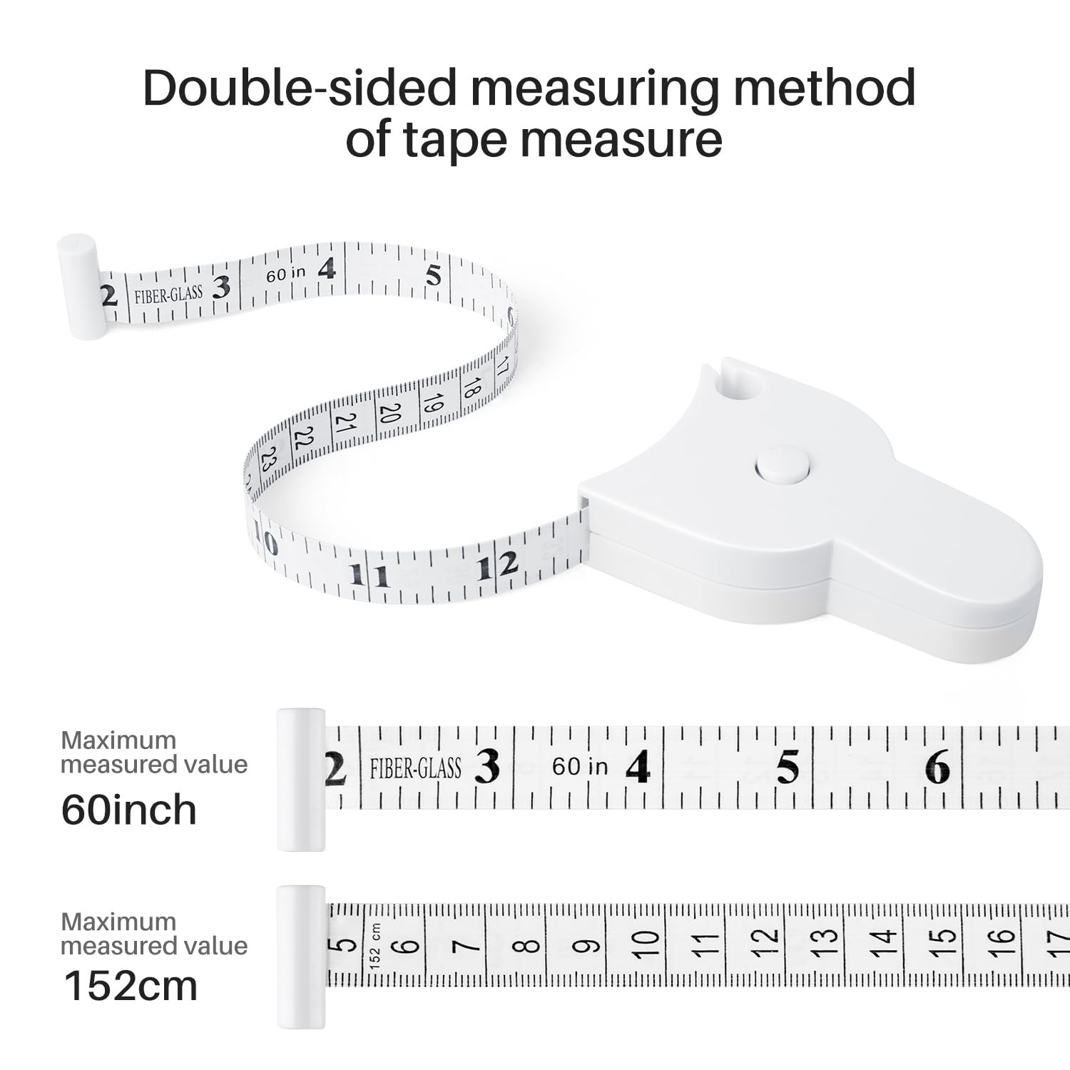 NAAN Body Measure Tape 60in (150cm), Lock Pin and Push-Button Retract, Ergnomic and Portable Design, 1 x 60in Mini Retractable Tape Measure White