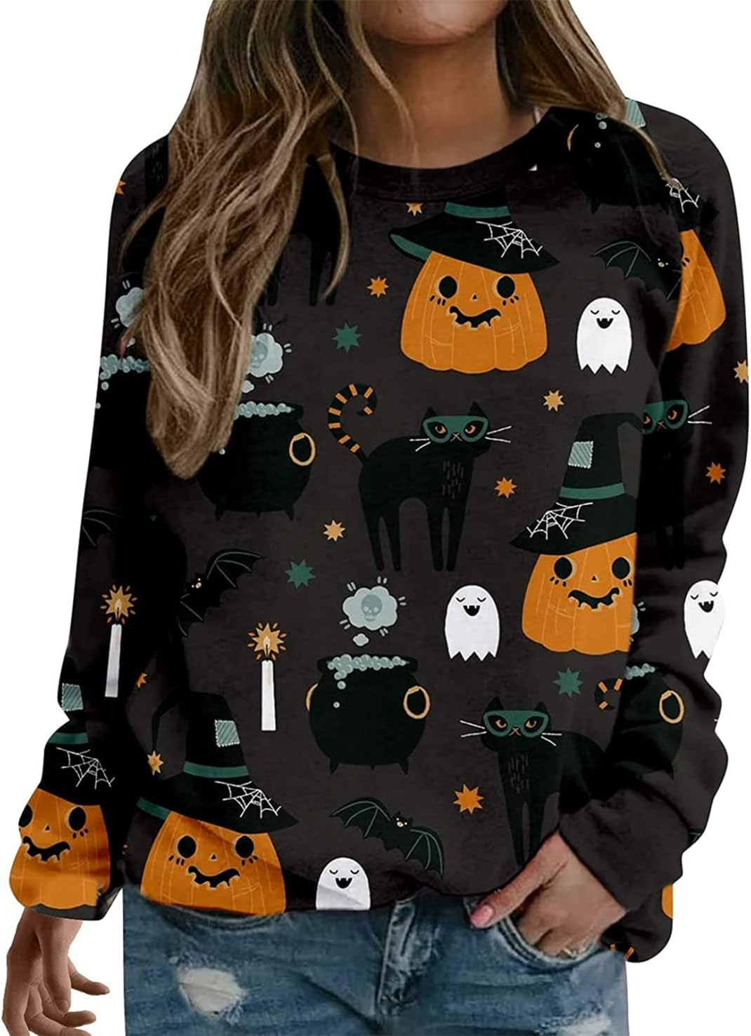 Neyaolk Pumpkin-Sweatshirt Halloween Crewneck Shirt - Cats Graphic Printed Long Sleeve Loose Pullover Top