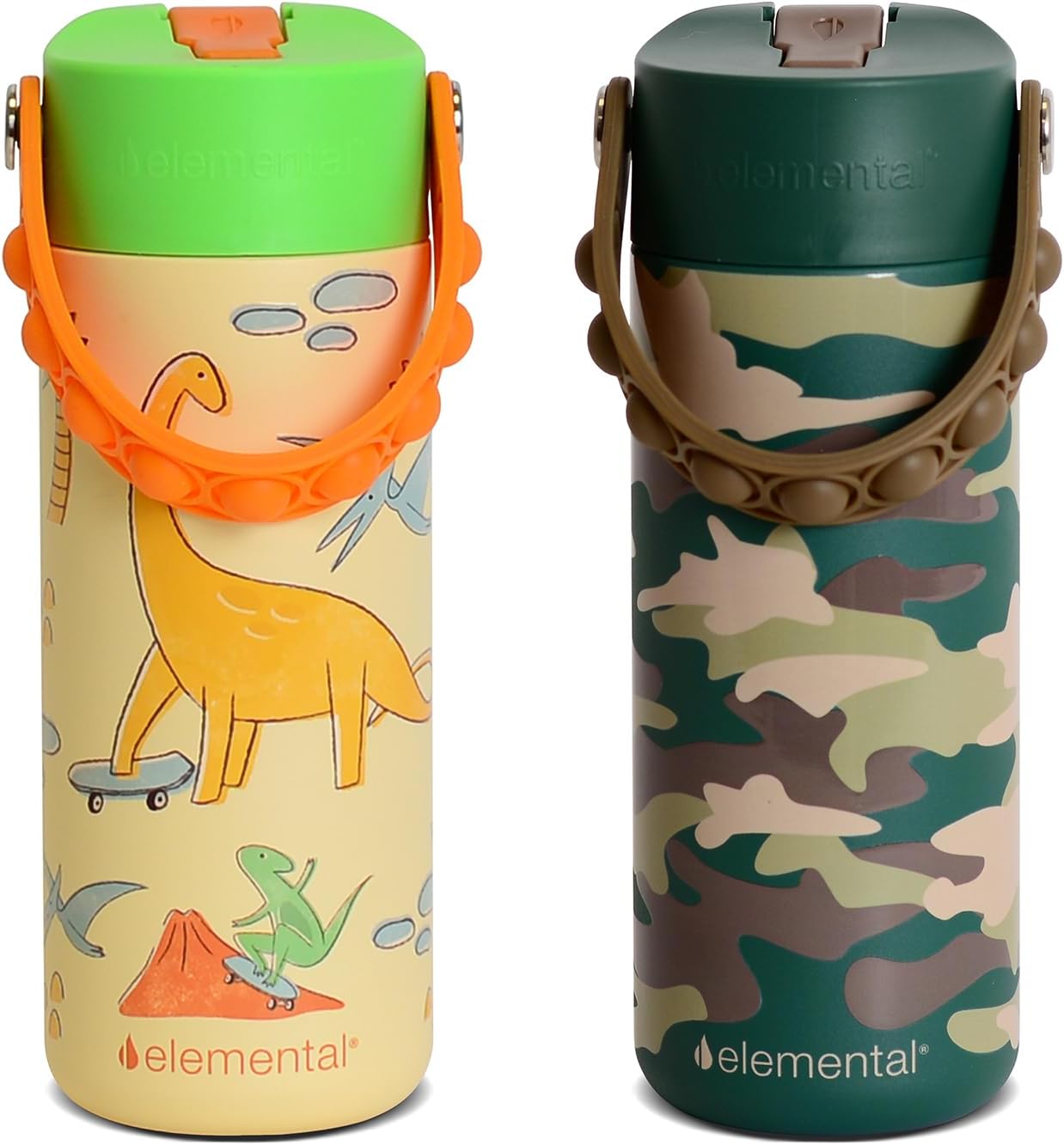 Elemental 100% Leak Proof When Spout is Closed Insulated Kids Water Bottle, Stainless Steel Bottle for School with Straw Lid & Pop-It Handle, Skater Dinos & Green Camo -18oz (2 Pack)