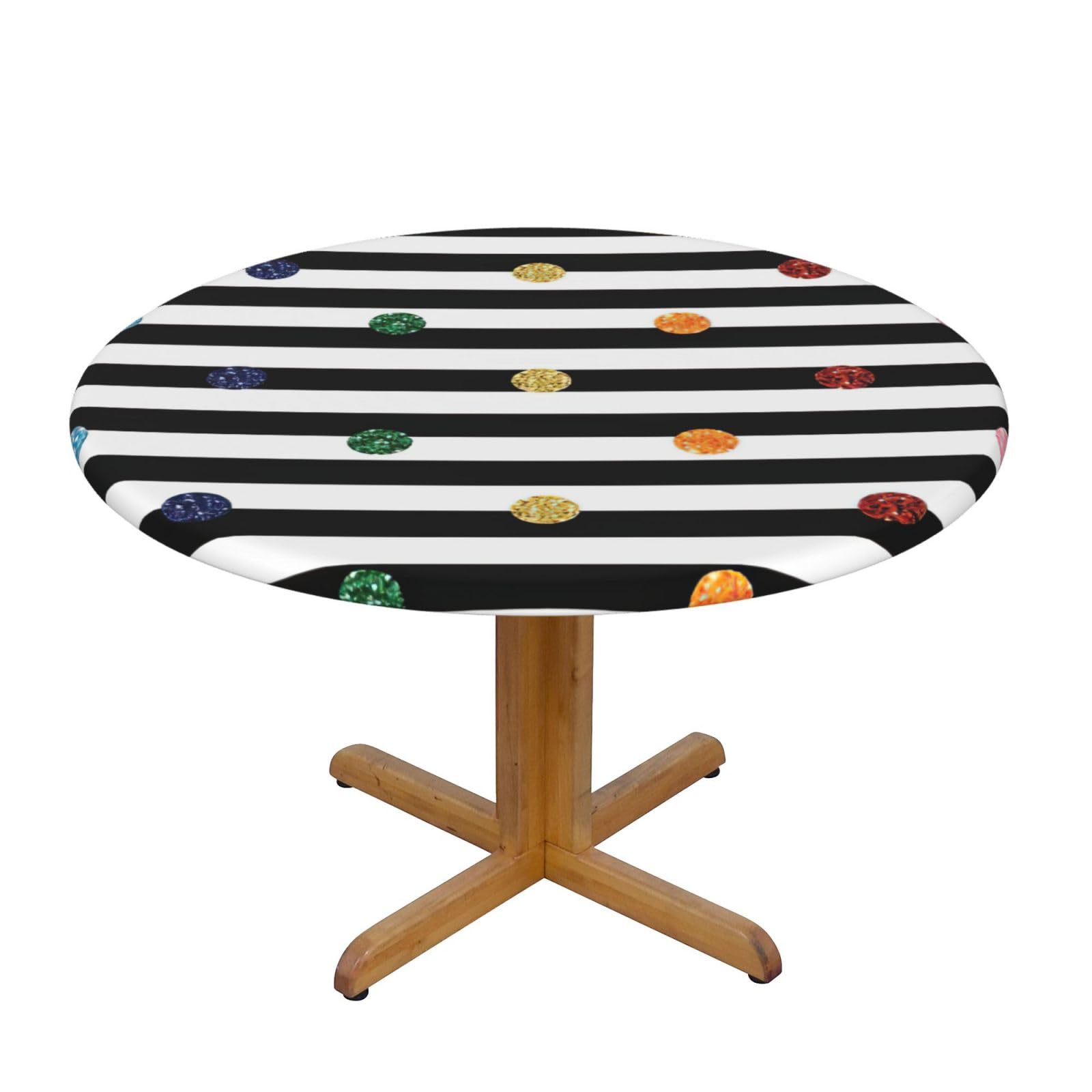 Migpkd Glitter Rainbow Polka Dot Stripe Black And White Round Tablecloth Waterproof Elastic Fitted Table Covers For 35" - 55" Tables