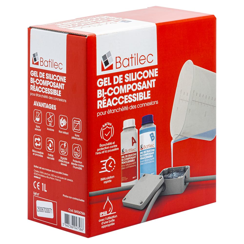 Gel Silicone Électrique 1L – Bi-​Composant Auto-​Nivelant – Étanchéité IP68 – Isolation Connexions & Boîtes de Dérivation – Résistant -​60°C à +​200°C – Transparent, Sans Solvant